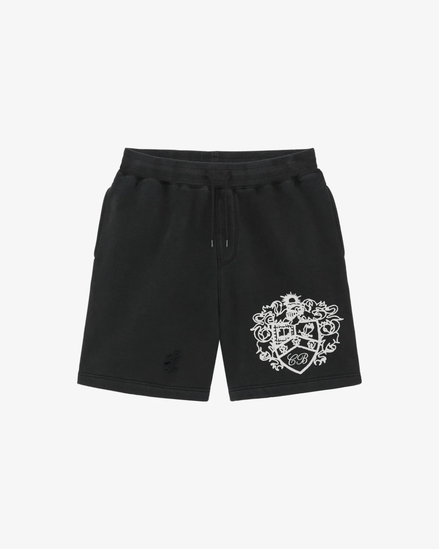 DISTRESSED COLLEGIATE CREST SHORTS