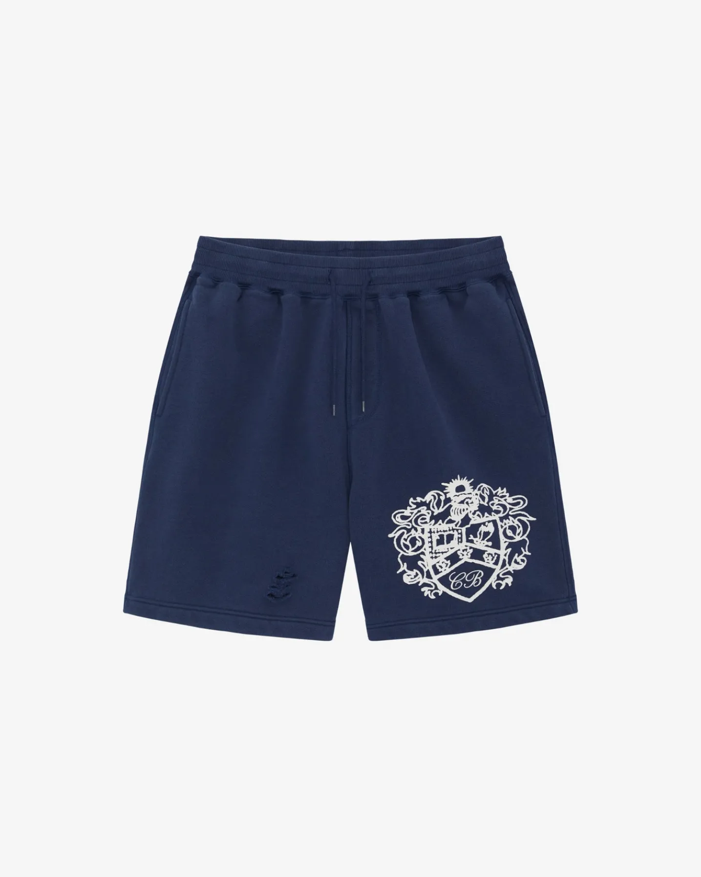 DISTRESSED COLLEGIATE CREST SHORTS