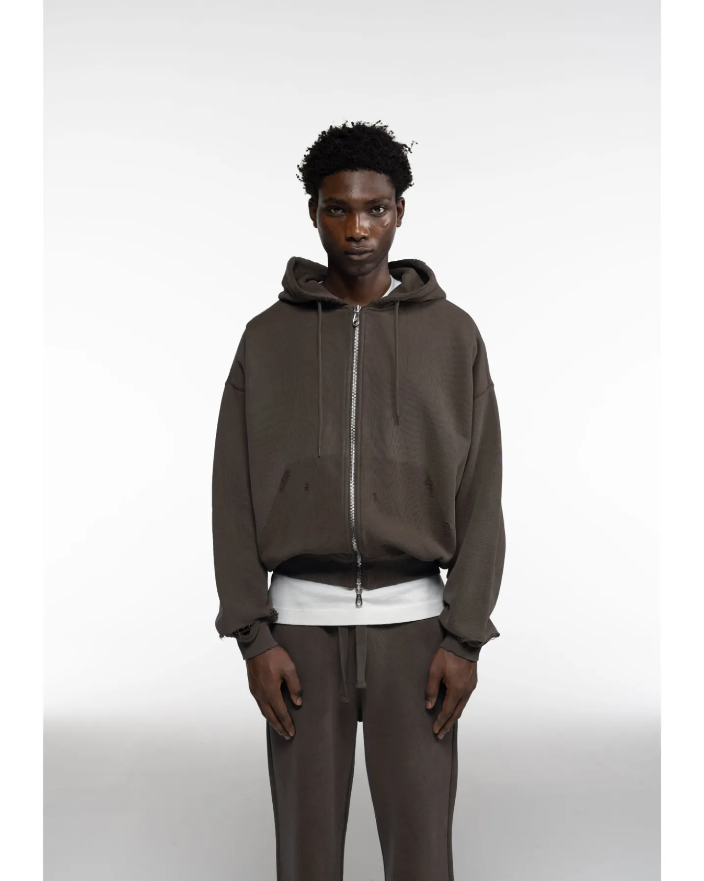 DISTRESSED ZIPPED HOODIE